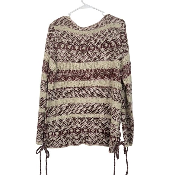 Knox Rose Women SZ L Burgundy & Beige Striped Knit Soft Boho Sweater Side Ties - Picture 2 of 11